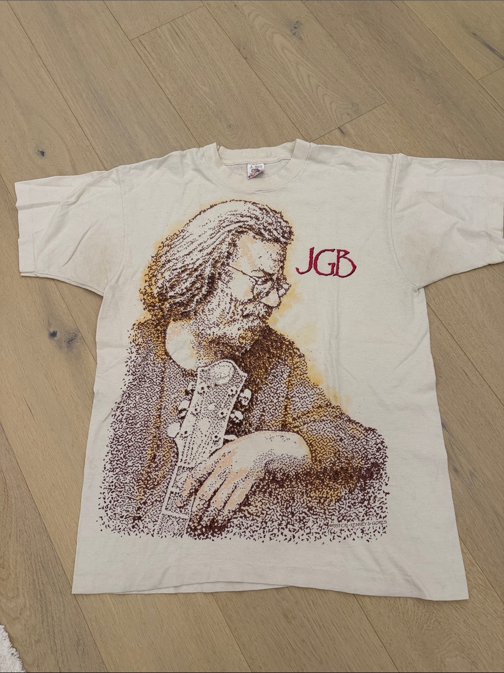 J. Garcia Cream Short-Sleeve Tee with Brown Musician Graphic and Red JGB Logo